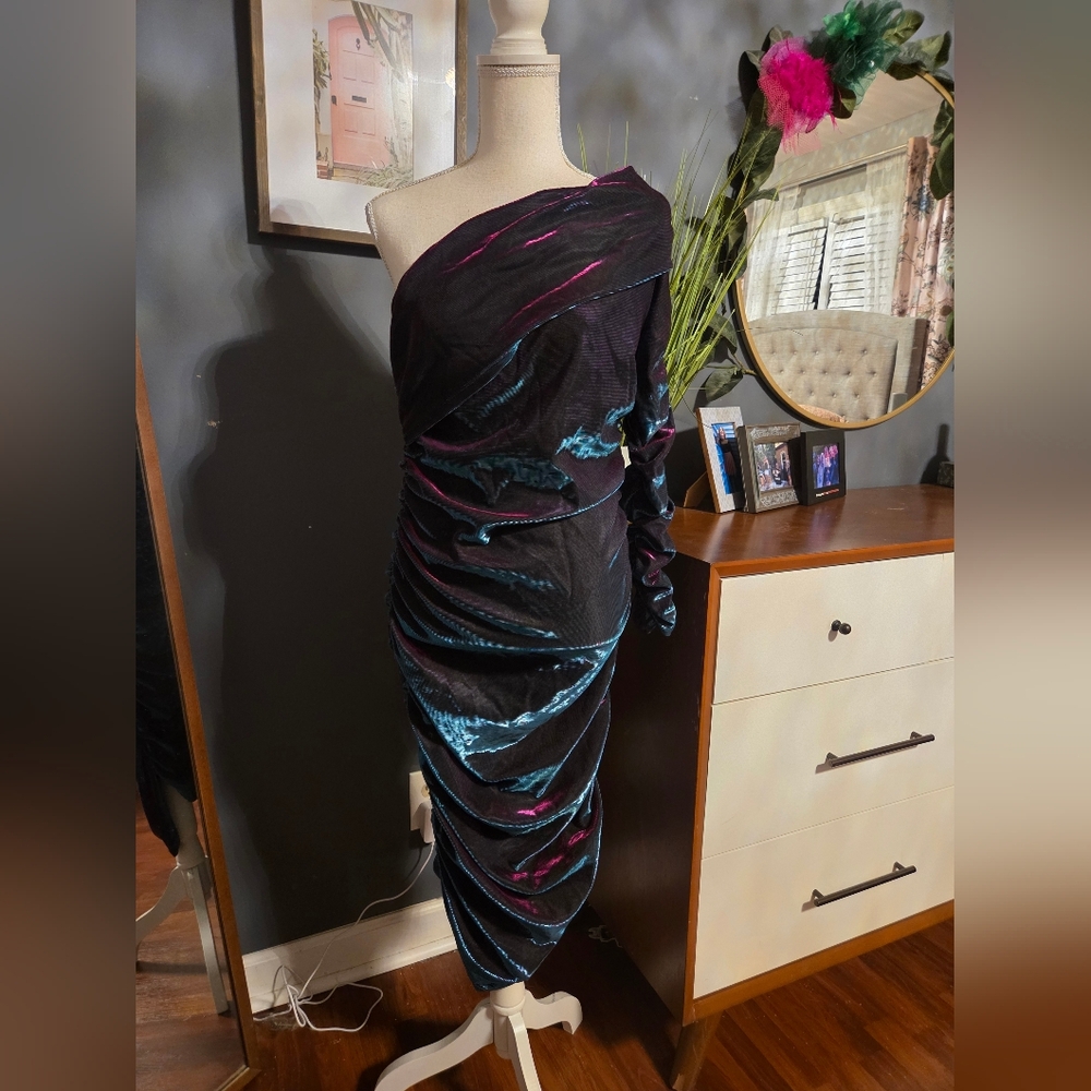 SHEIN One-Shoulder Velvet Dress in Black and Blue